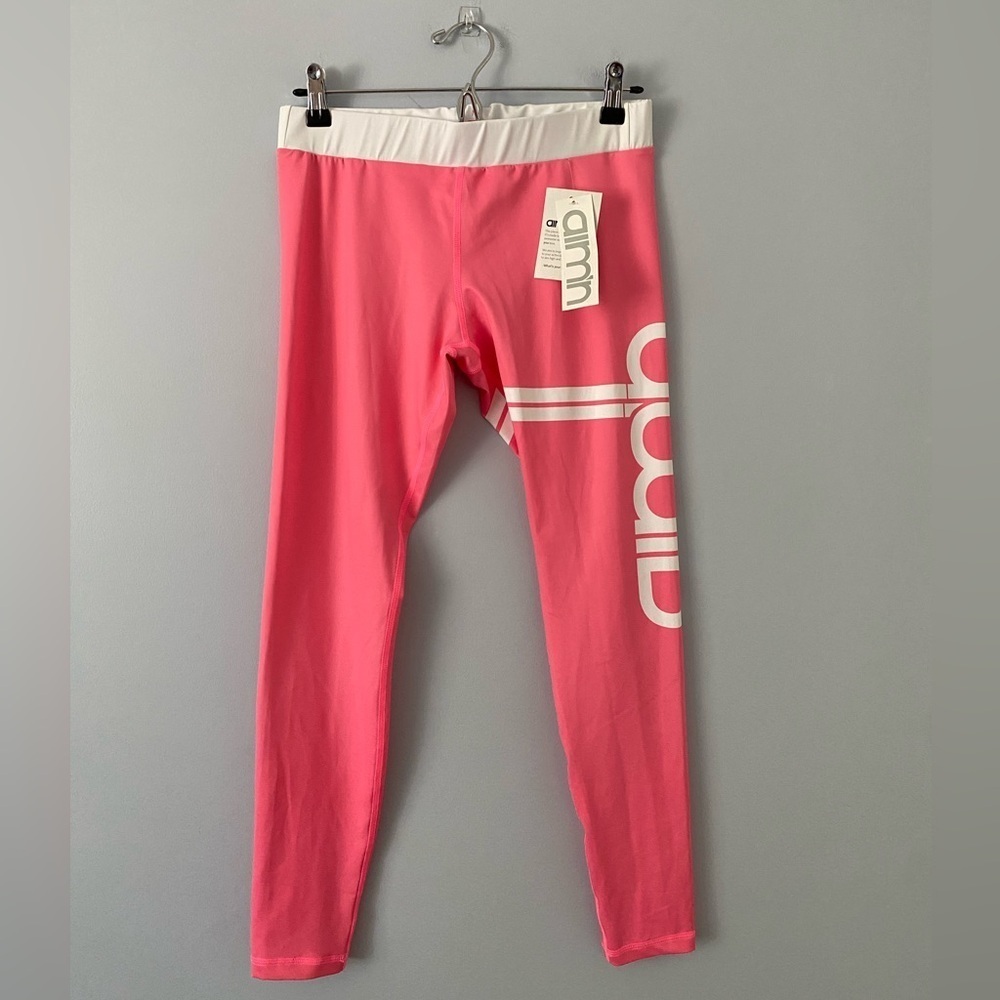 NWT aim’n Sportswear Signature Pink Stripe Tights Size Medium, Pink/White - Picture 2 of 11
